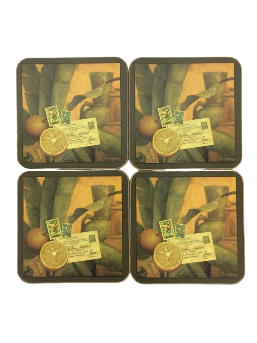 Pimpernel Set Of 4 Coasters Cork Backing Tangerines Stamps Postcard Design